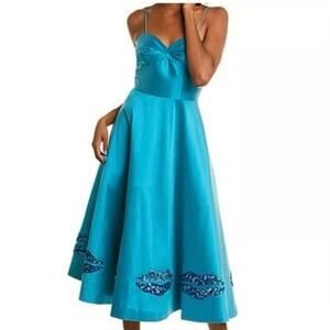 Sachin & Babi Tea length Gown-size 12-teal, metallic sequin lips formal $795